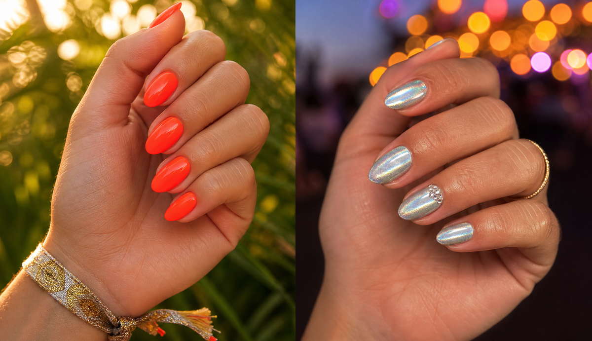 Bold festival gel nails in neon coral-orange and holographic silver chrome, glossy and chip-free
