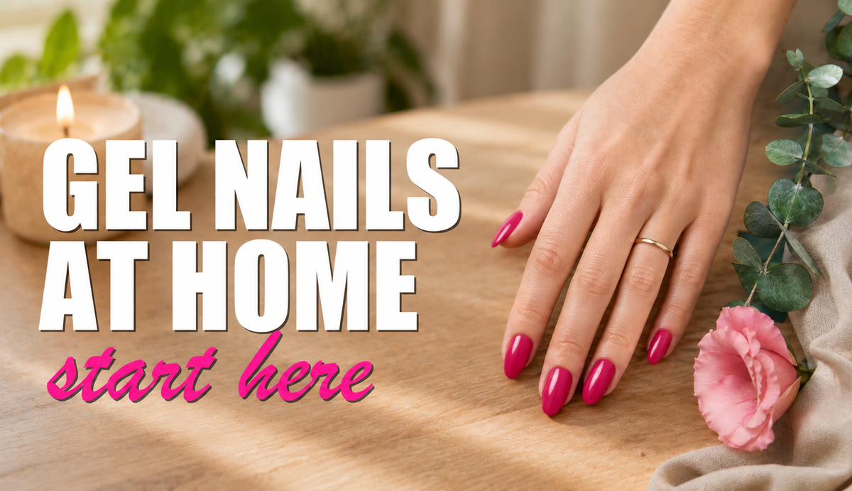 Gel nails at home, start here, a glossy pink gel manicure on a warm wood table with a candle, eucalyptus and a pink flower