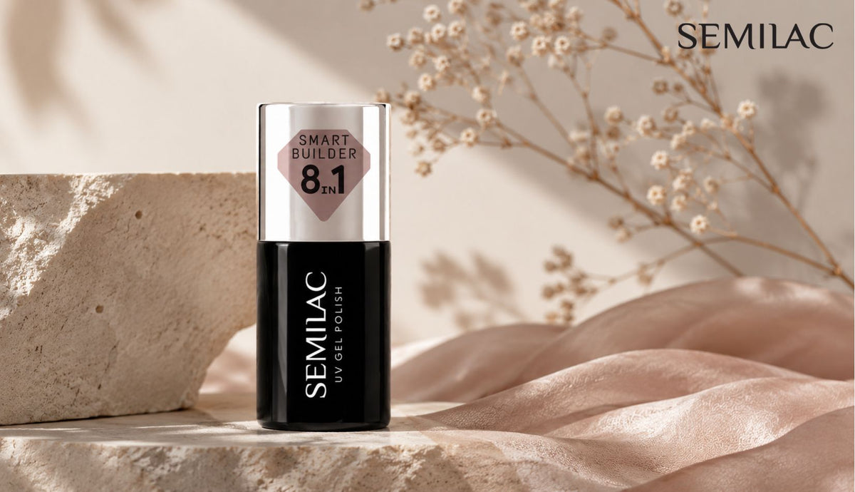 Semilac Smart Builder 8in1 builder gel in a bottle standing on stone beside dried flowers