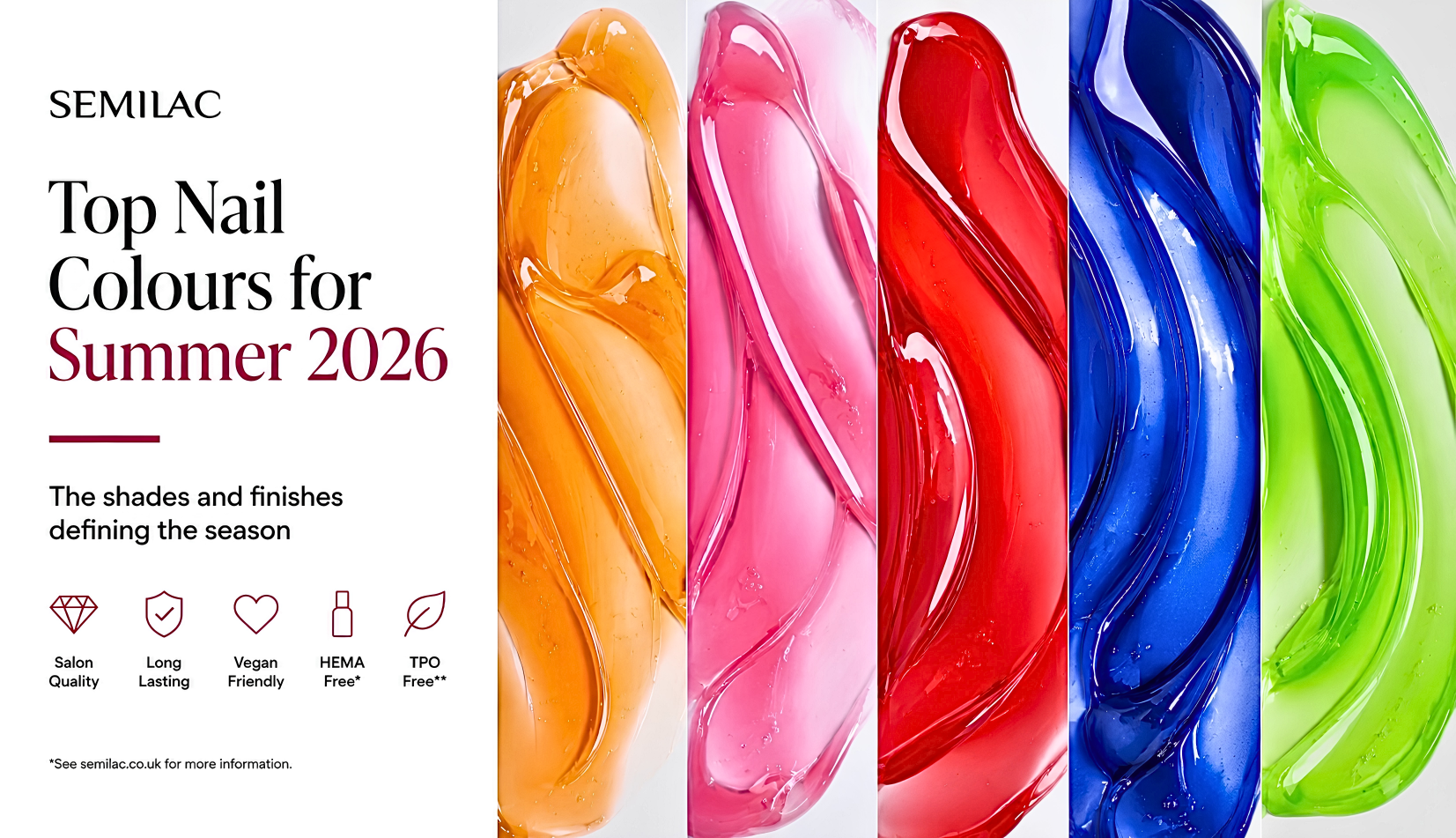 Top Nail Colours for Summer 2026, five gel polish colour families shown as orange, pink, red, blue and green gel textures