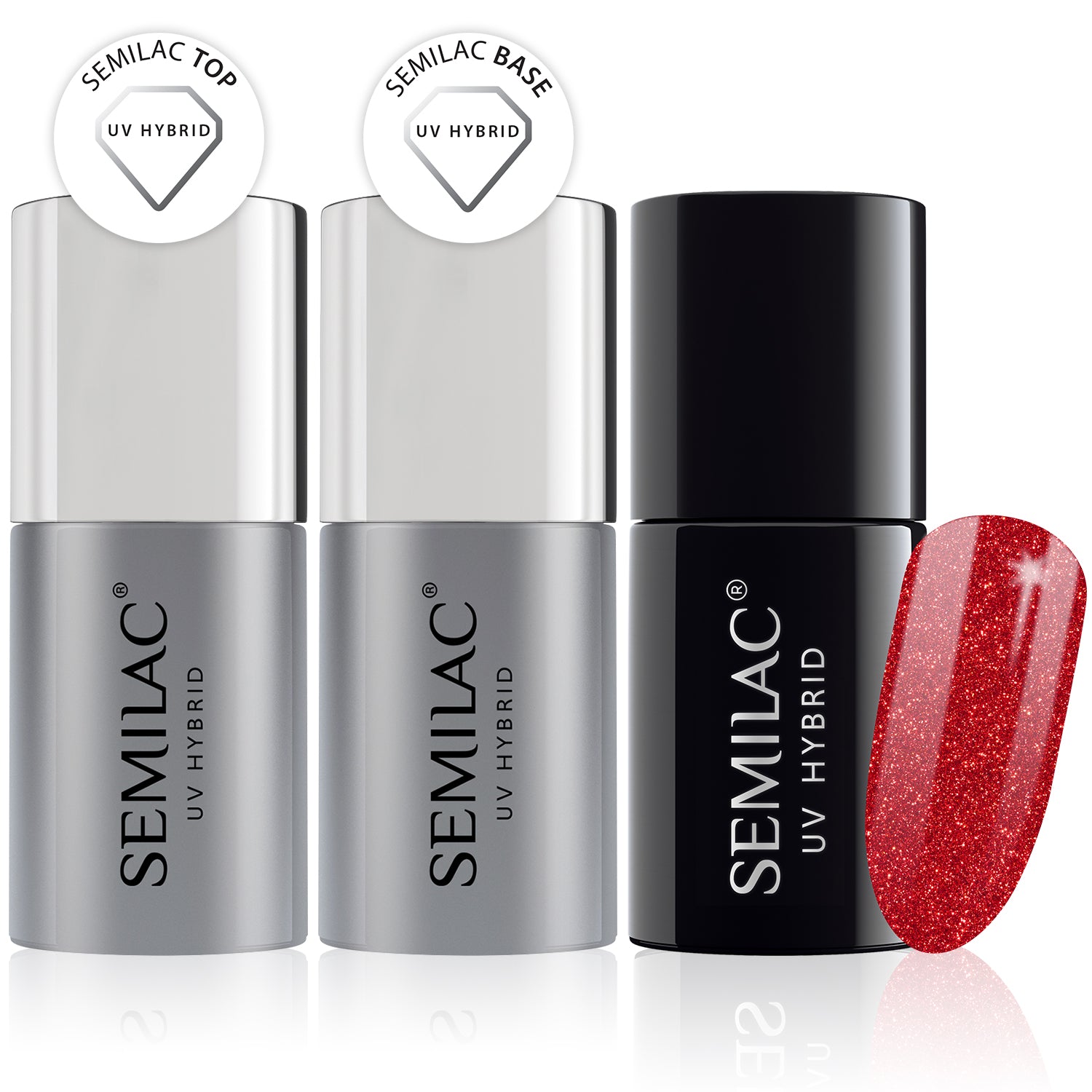 Semilac Base + Top + 025 Glitter Red UV Gel Polish Set - Semilac Shop