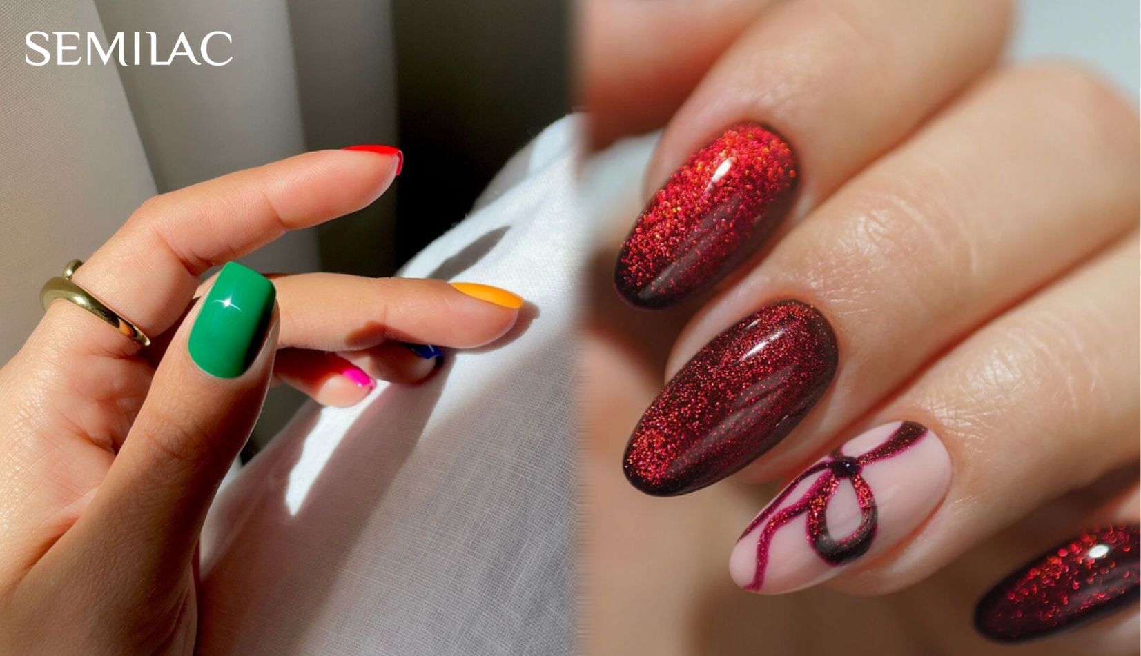 Split image showing one hand wearing bright summer nail colours beside one hand wearing deep red glitter cat eye nails