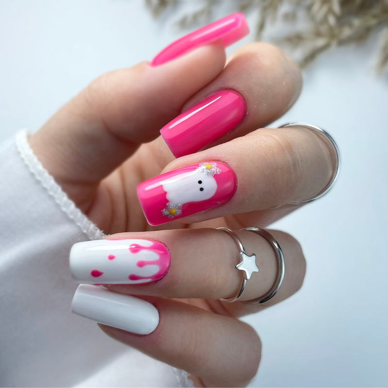 Semilac candy pink Halloween nail art using Trick or Pink