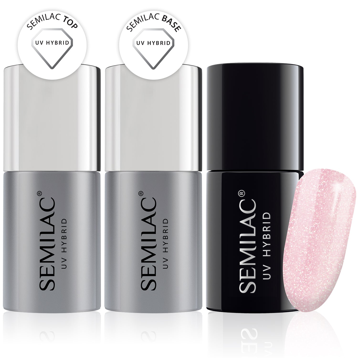 Semilac Base + Top + 164 Pink Crystals UV Gel Polish Set - Semilac UK