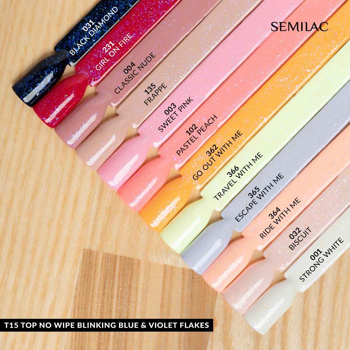 Semilac Top Coat No Wipe Blinking Blue & Violet Flakes T15 UV Gel 7ml - Semilac Shop