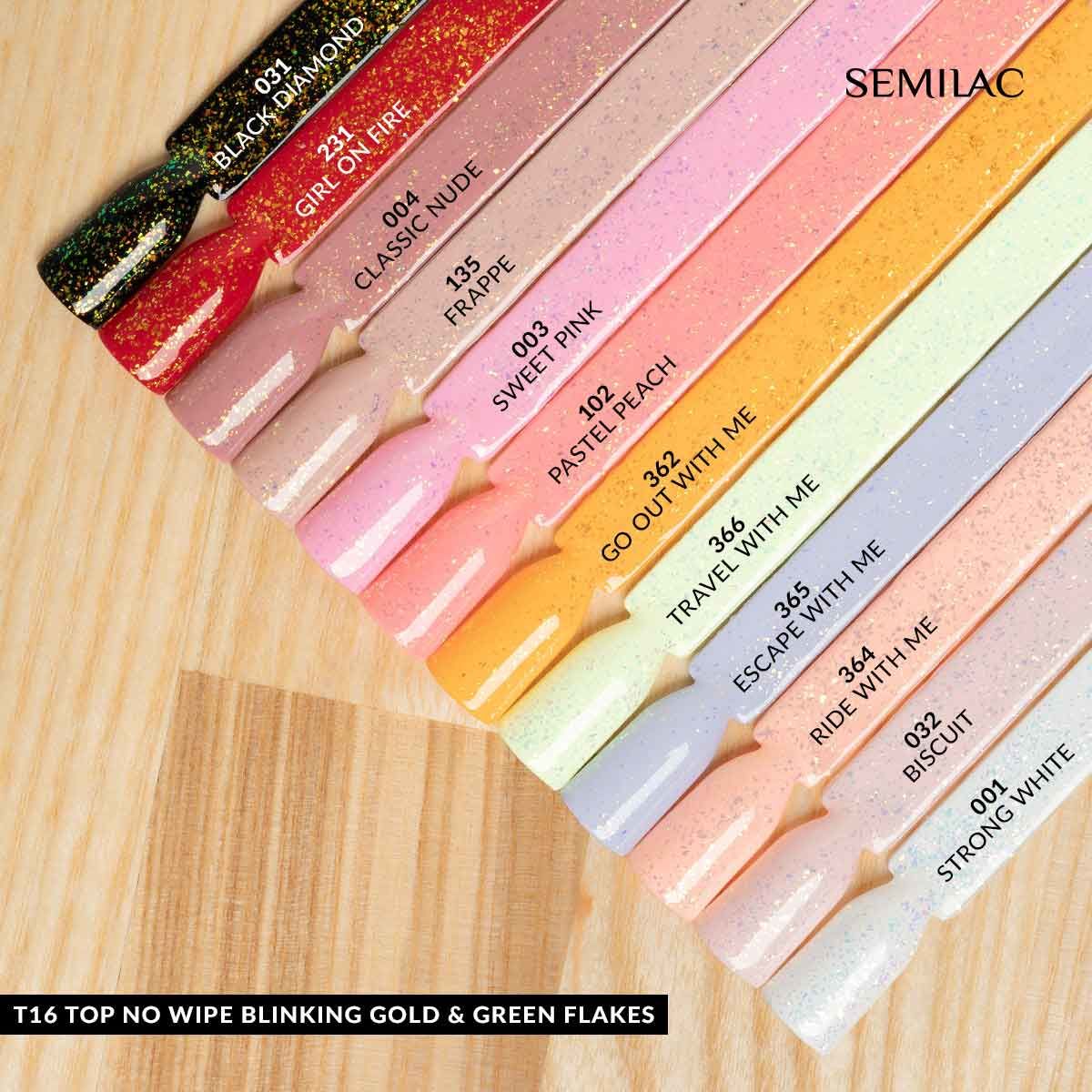 Semilac Top Coat No Wipe Blinking Gold & Green Flakes T16 UV Gel 7ml - Semilac Shop